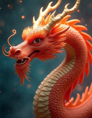 The primary subject of the image is a dragon, which is a large, orange, and white creature with a long neck and a fierce expression. The dragon is situated in a blue background, which adds a contrasting element to the scene. The visual style of the image is digital art, as it appears to be a computer-generated or digitally rendered image. The dominant colors in the image are orange and blue, creating a vibrant and dynamic atmosphere.